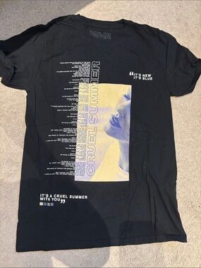 Taylor Swift Black 'Cruel Summer' Graphic Tee with Yellow-Blue Photo Panel